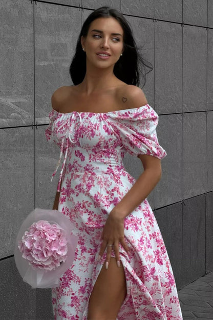 Off Shoulder Tie Waist Slit Floral Dress