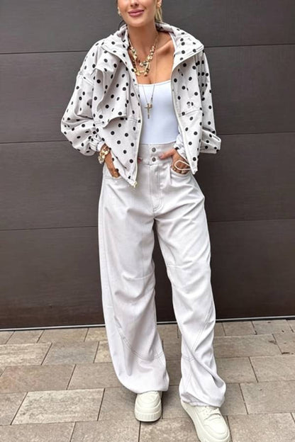 Kadence Polka Dot Zipper Lapel High Neck Drawstring Hem Sporty Jacket