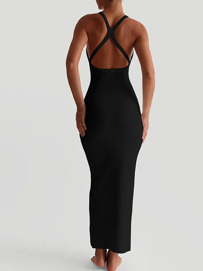 Deep Scoop Neck Wide Strap Bodycon Maxi Dress