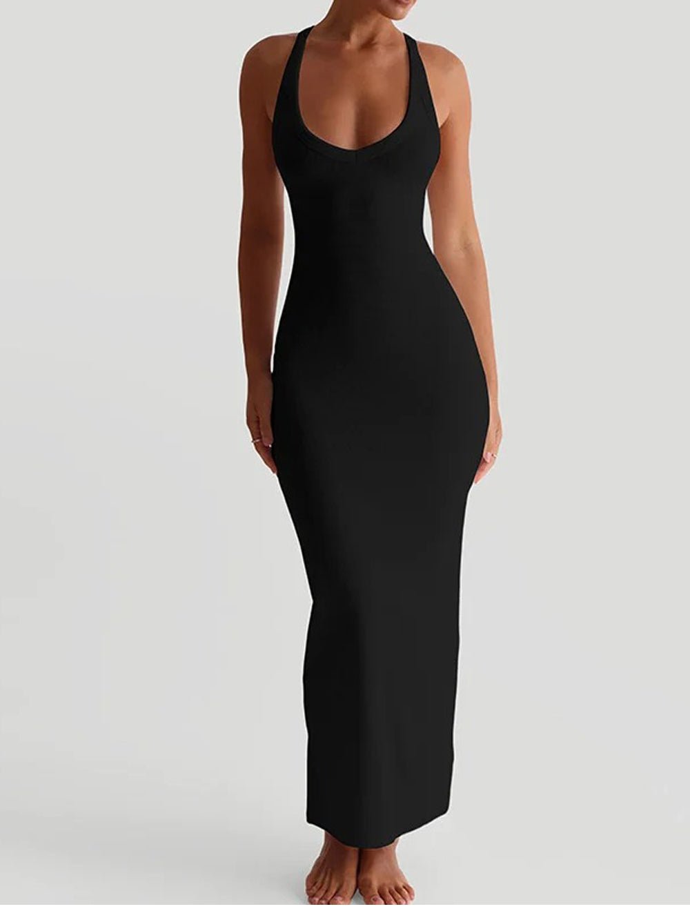 Deep Scoop Neck Wide Strap Bodycon Maxi Dress