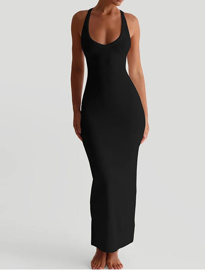 Deep Scoop Neck Wide Strap Bodycon Maxi Dress