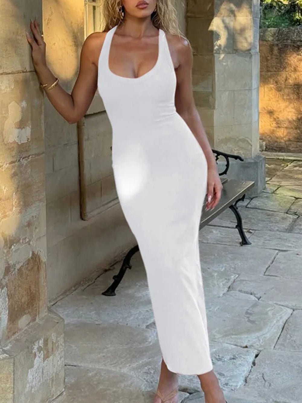 Deep Scoop Neck Wide Strap Bodycon Maxi Dress