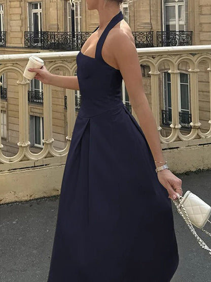 Halter Neck Basque Waist Box Pleat Backless Midi Dress
