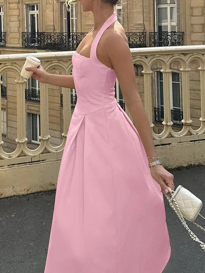 Halter Neck Basque Waist Box Pleat Backless Midi Dress