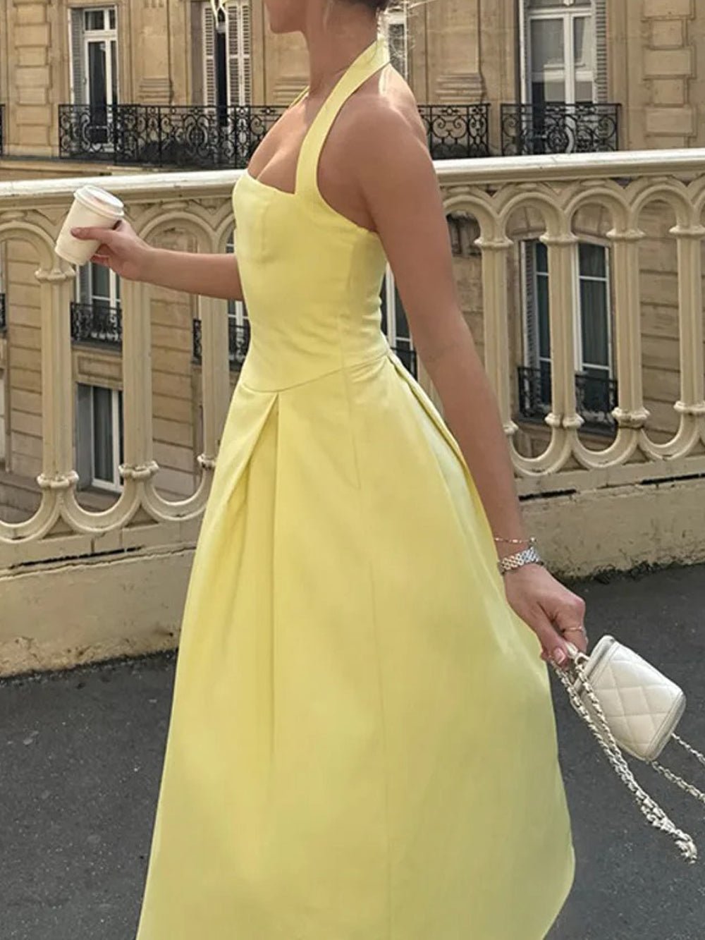 Halter Neck Basque Waist Box Pleat Backless Midi Dress