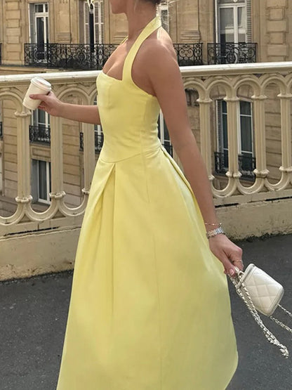 Halter Neck Basque Waist Box Pleat Backless Midi Dress