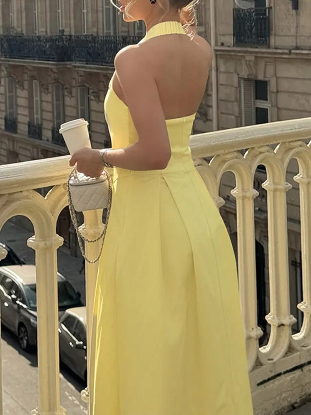 Halter Neck Basque Waist Box Pleat Backless Midi Dress