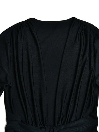 Deep V-Neck Long Sleeve Knotted Waist High Split Bodycon Maxi Dress
