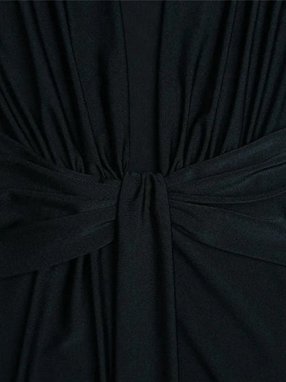 Deep V-Neck Long Sleeve Knotted Waist High Split Bodycon Maxi Dress
