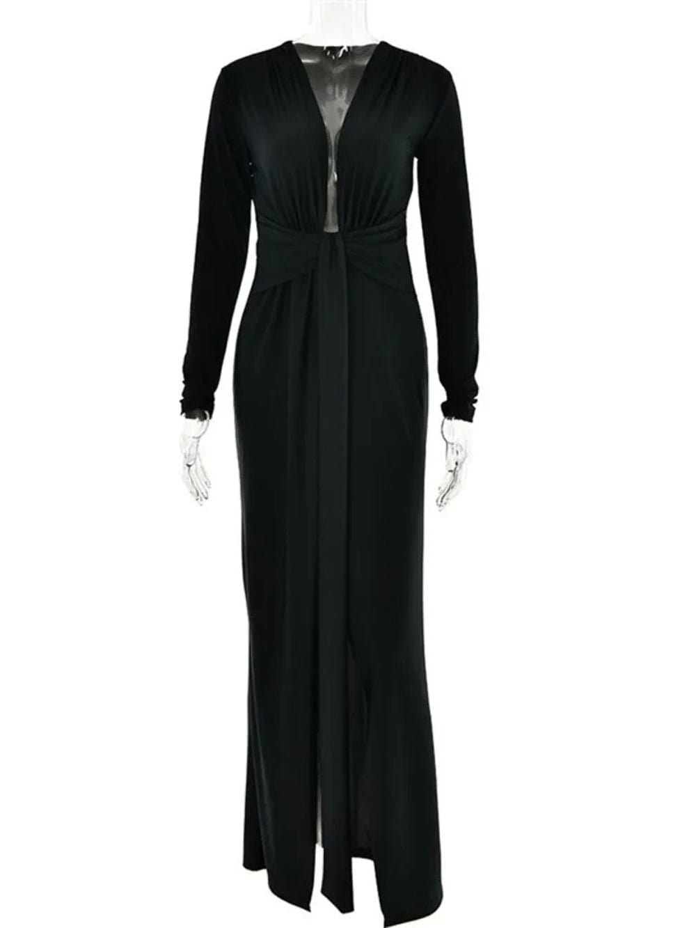 Deep V-Neck Long Sleeve Knotted Waist High Split Bodycon Maxi Dress
