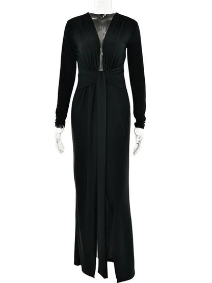 Deep V-Neck Long Sleeve Knotted Waist High Split Bodycon Maxi Dress