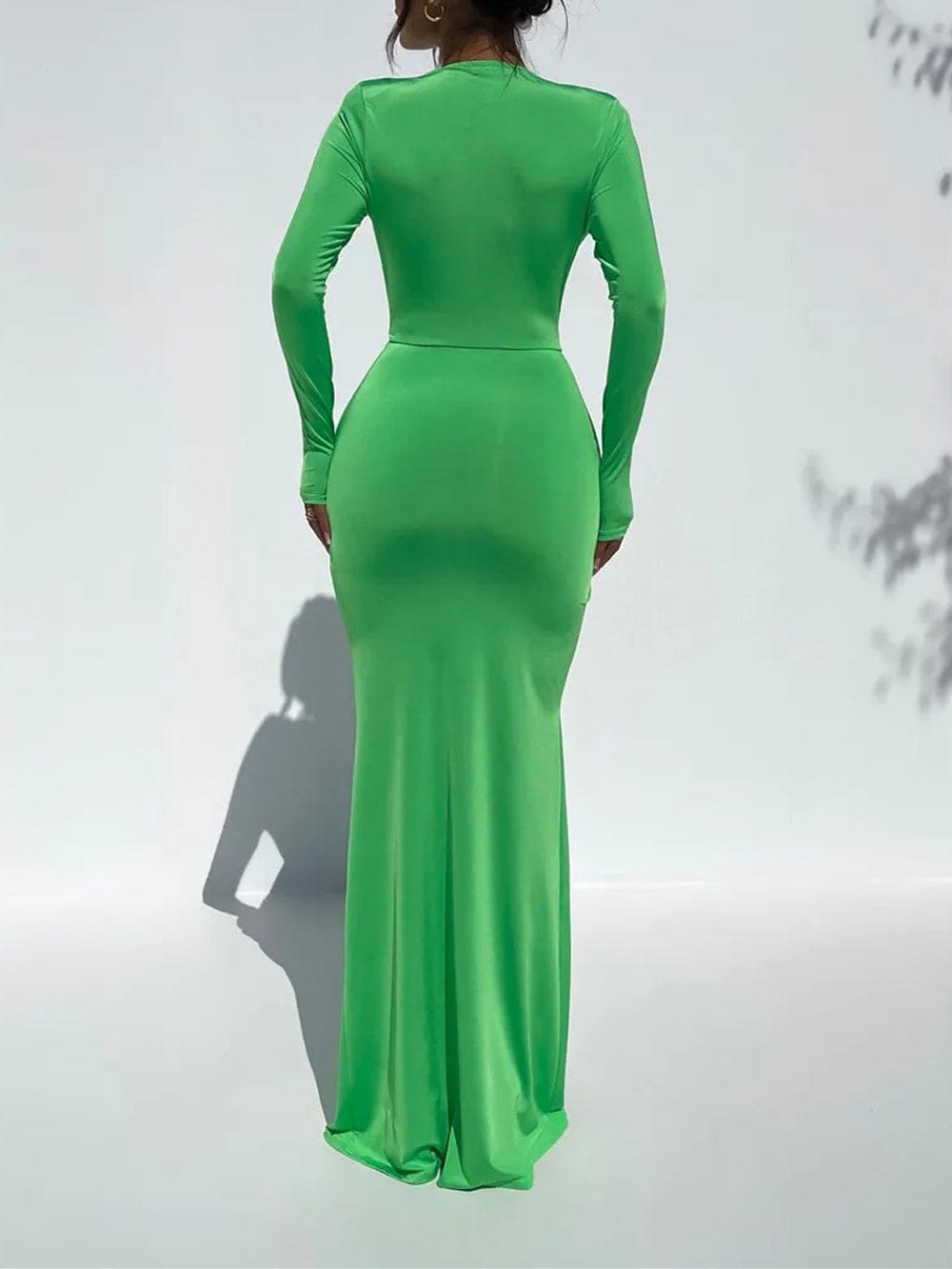 Deep V-Neck Long Sleeve Knotted Waist High Split Bodycon Maxi Dress