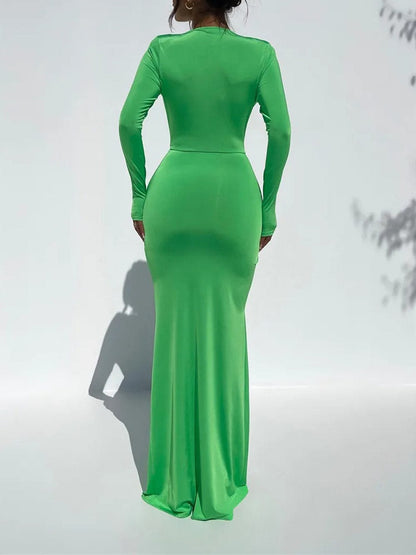Deep V-Neck Long Sleeve Knotted Waist High Split Bodycon Maxi Dress
