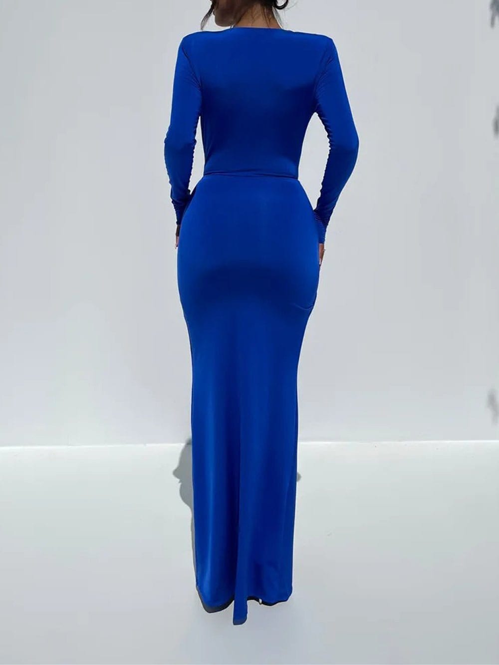 Deep V-Neck Long Sleeve Knotted Waist High Split Bodycon Maxi Dress