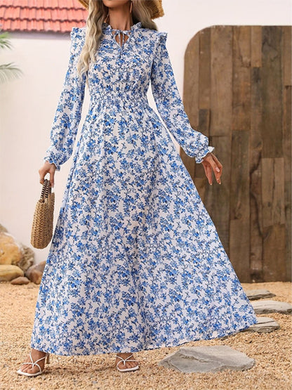 Blue Floral Print V-Neck Ruffle Shoulder Long Sleeve Smocked Waist A-Line Maxi Dress