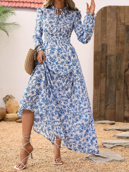 Blue Floral Print V-Neck Ruffle Shoulder Long Sleeve Smocked Waist A-Line Maxi Dress