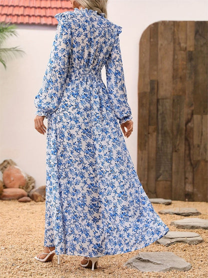 Blue Floral Print V-Neck Ruffle Shoulder Long Sleeve Smocked Waist A-Line Maxi Dress