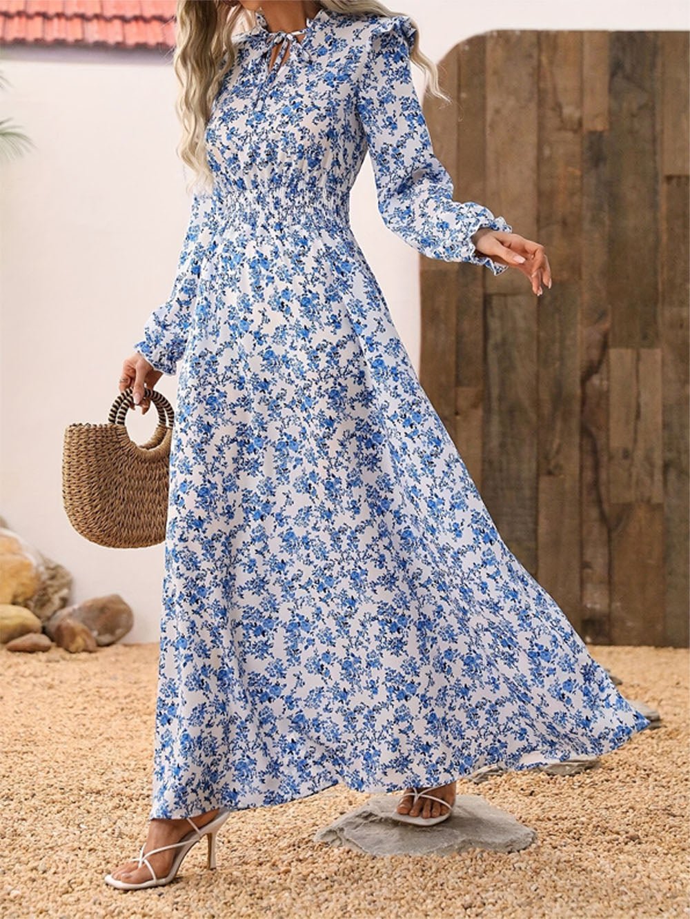 Blue Floral Print V-Neck Ruffle Shoulder Long Sleeve Smocked Waist A-Line Maxi Dress