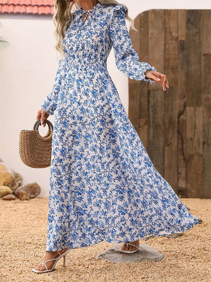 Blue Floral Print V-Neck Ruffle Shoulder Long Sleeve Smocked Waist A-Line Maxi Dress