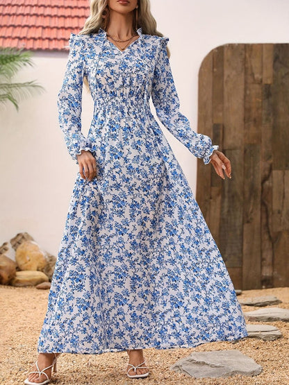 Blue Floral Print V-Neck Ruffle Shoulder Long Sleeve Smocked Waist A-Line Maxi Dress
