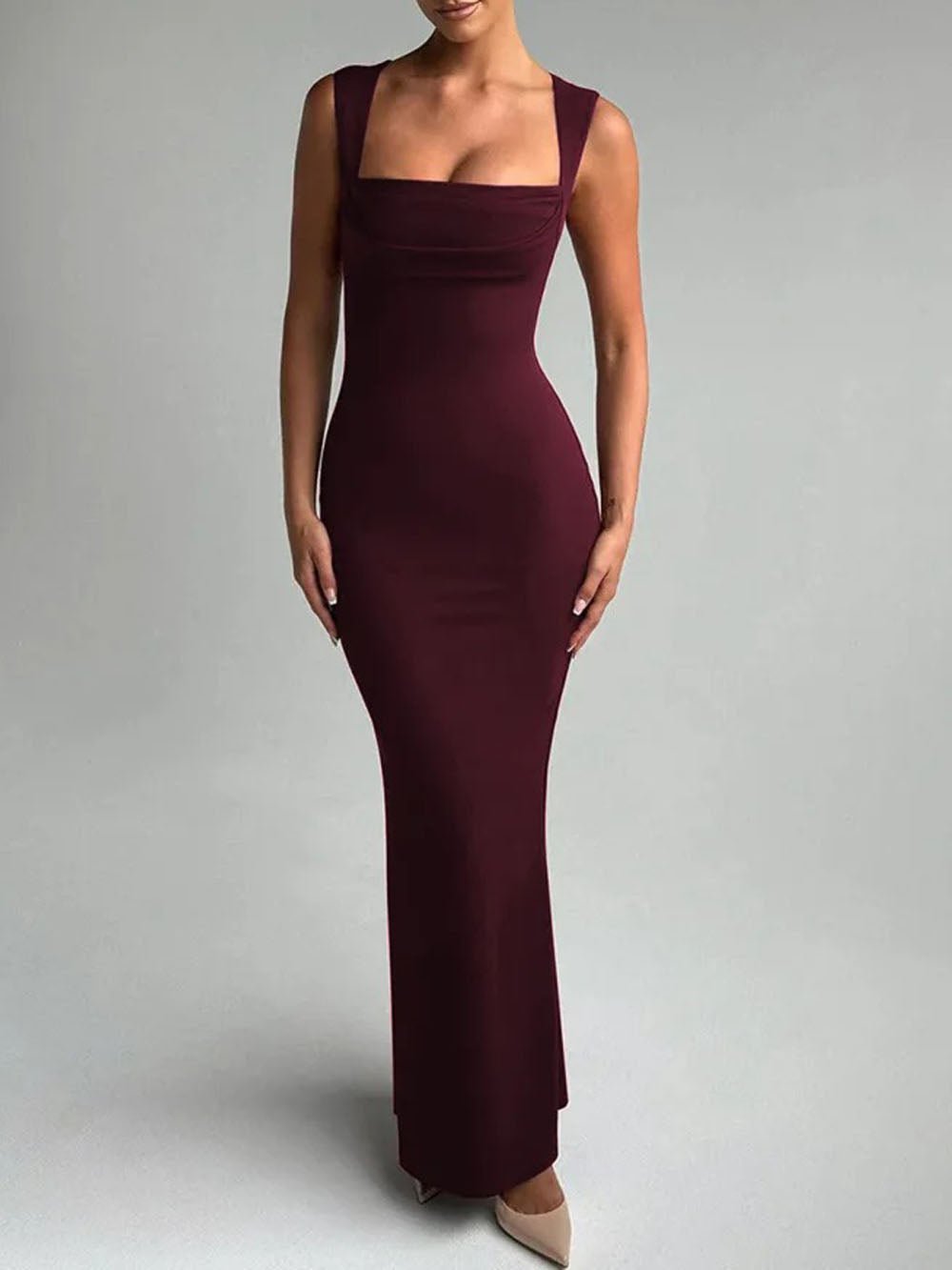 Cowl Neck Wide Strap Sleeveless Bodycon Maxi Dress