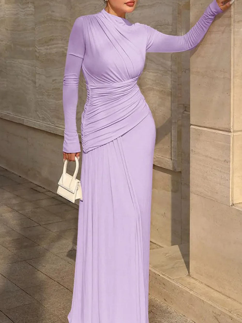 Long Sleeve Mock Neck Diagonal Ruched Drape Maxi Dress