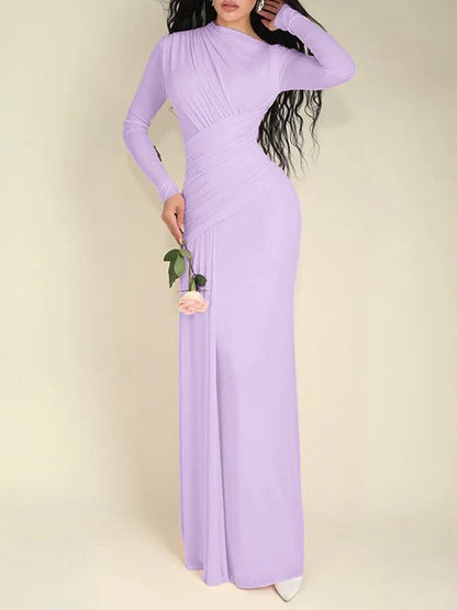 Long Sleeve Mock Neck Diagonal Ruched Drape Maxi Dress
