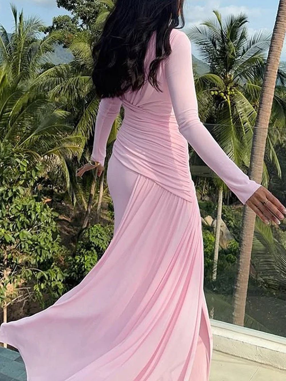 Long Sleeve Mock Neck Diagonal Ruched Drape Maxi Dress