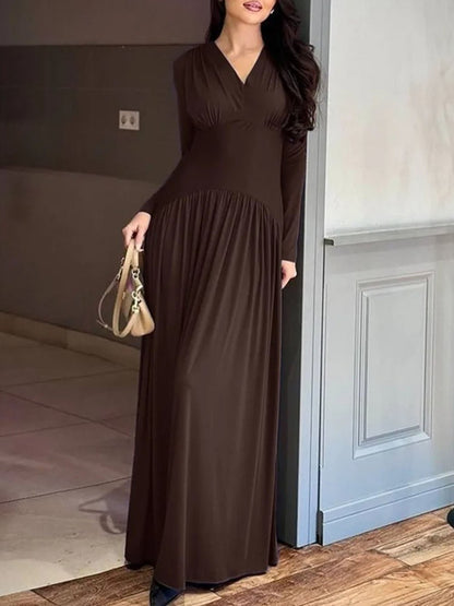 Long Sleeve Deep V-Neck Ruched Pleated Flowy Maxi Dress