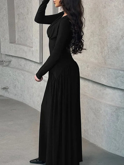 Long Sleeve Deep V-Neck Ruched Pleated Flowy Maxi Dress