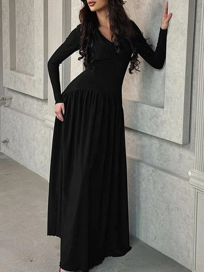 Long Sleeve Deep V-Neck Ruched Pleated Flowy Maxi Dress