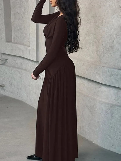 Long Sleeve Deep V-Neck Ruched Pleated Flowy Maxi Dress