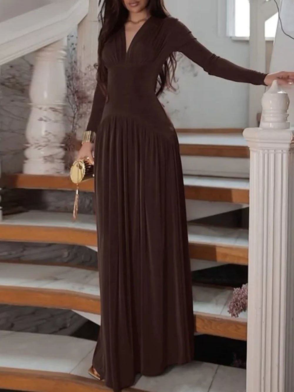 Long Sleeve Deep V-Neck Ruched Pleated Flowy Maxi Dress