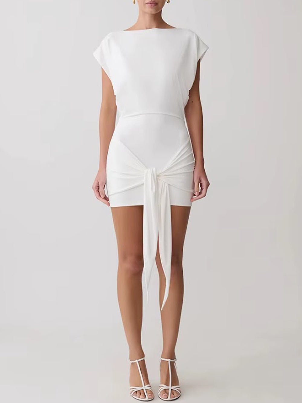White Knit Boat Neck Cap Sleeve Draped Knot Sash Ruched Bodycon Mini Dress