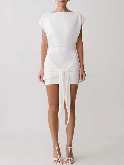 White Knit Boat Neck Cap Sleeve Draped Knot Sash Ruched Bodycon Mini Dress