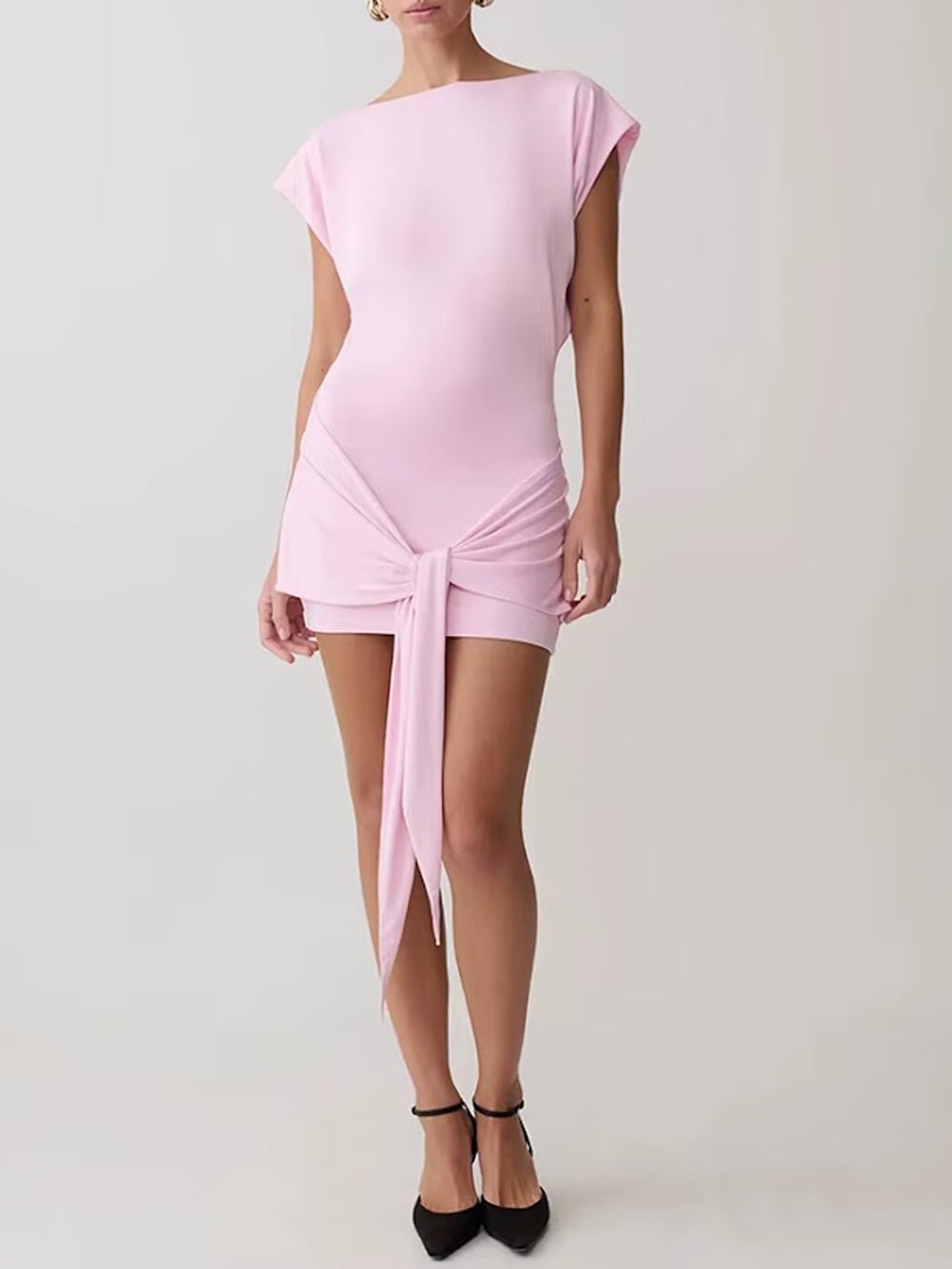 Pink Knit Boat Neck Cap Sleeve Draped Knot Sash Ruched Bodycon Mini Dress
