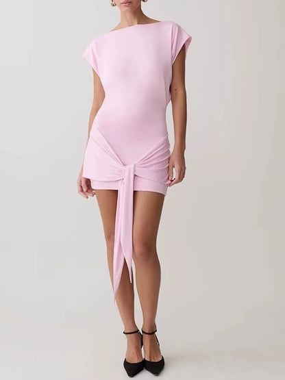 Pink Knit Boat Neck Cap Sleeve Draped Knot Sash Ruched Bodycon Mini Dress
