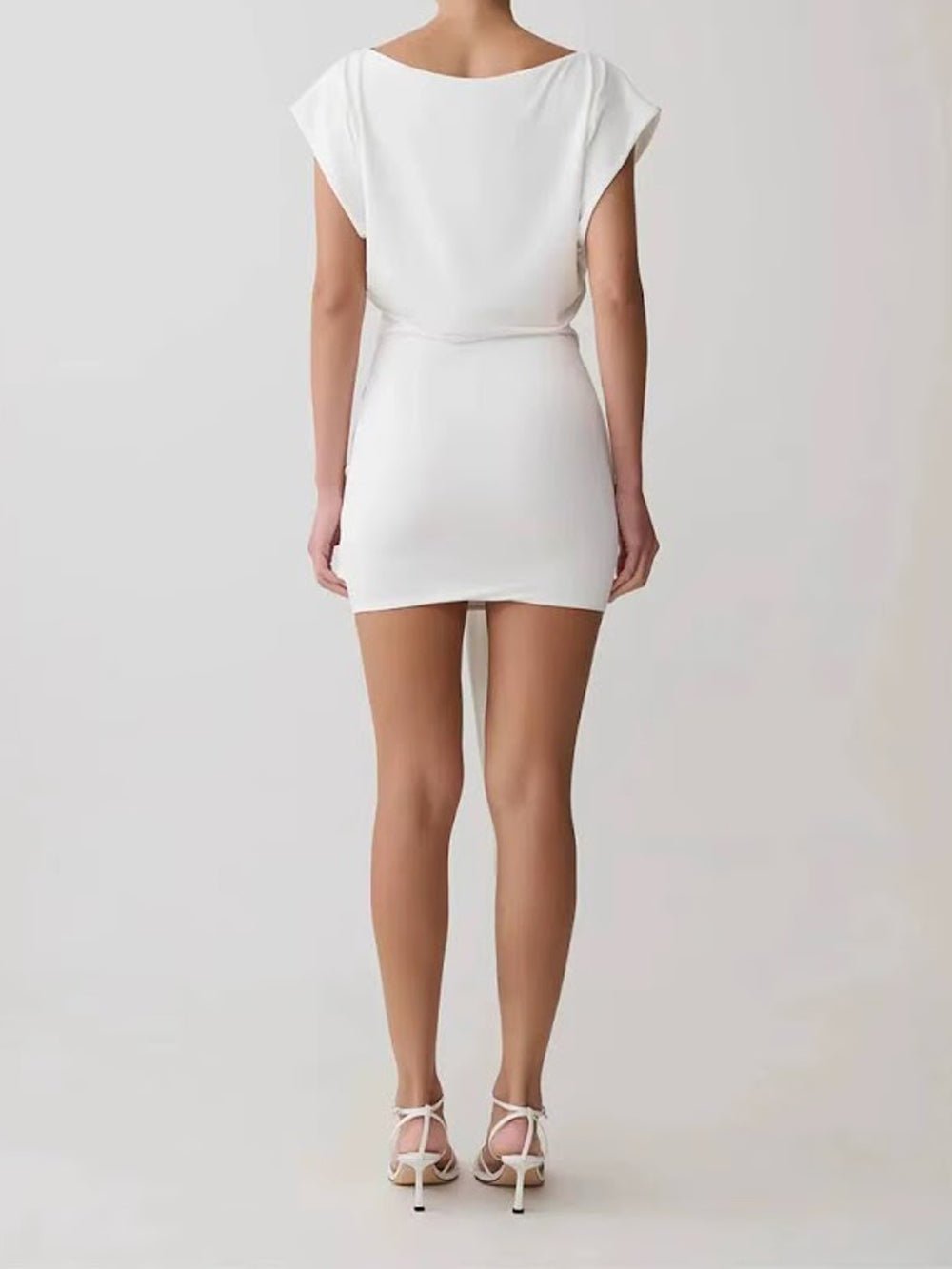 White Knit Boat Neck Cap Sleeve Draped Knot Sash Ruched Bodycon Mini Dress