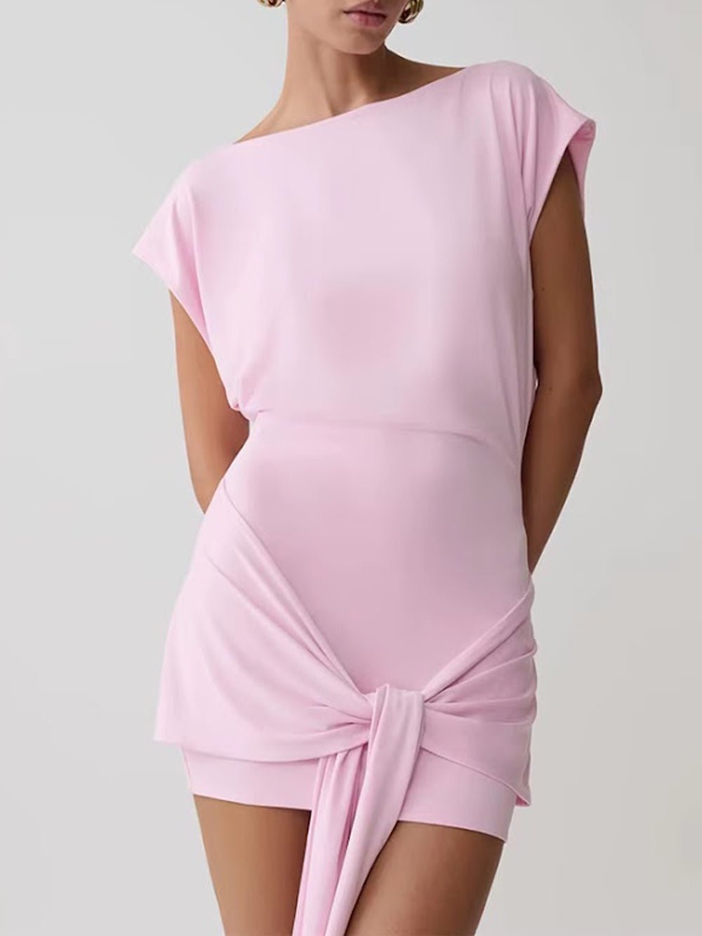 Pink Knit Boat Neck Cap Sleeve Draped Knot Sash Ruched Bodycon Mini Dress