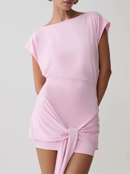 Pink Knit Boat Neck Cap Sleeve Draped Knot Sash Ruched Bodycon Mini Dress