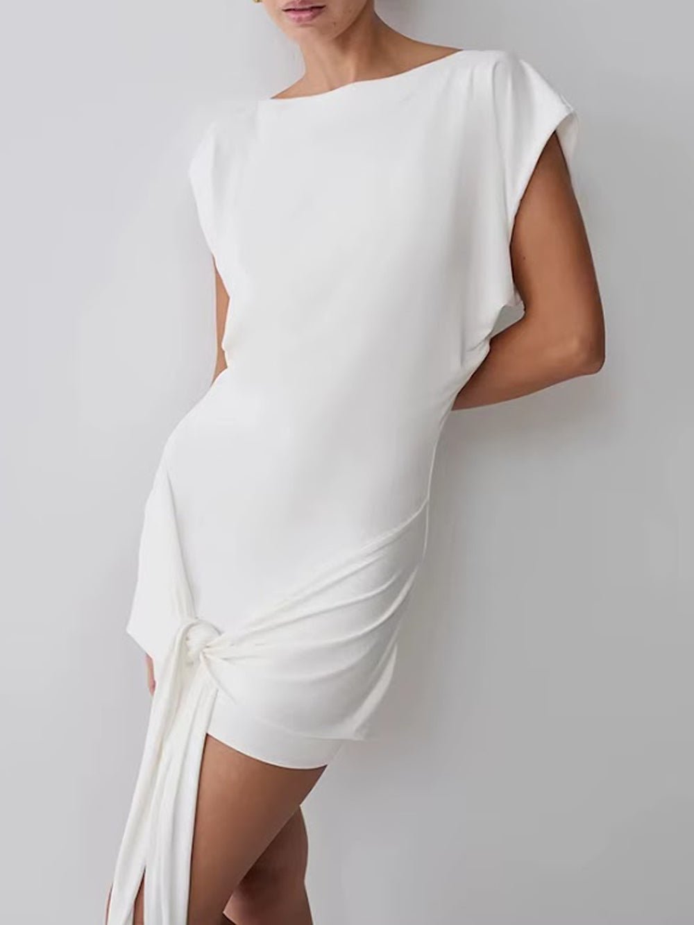 White Knit Boat Neck Cap Sleeve Draped Knot Sash Ruched Bodycon Mini Dress