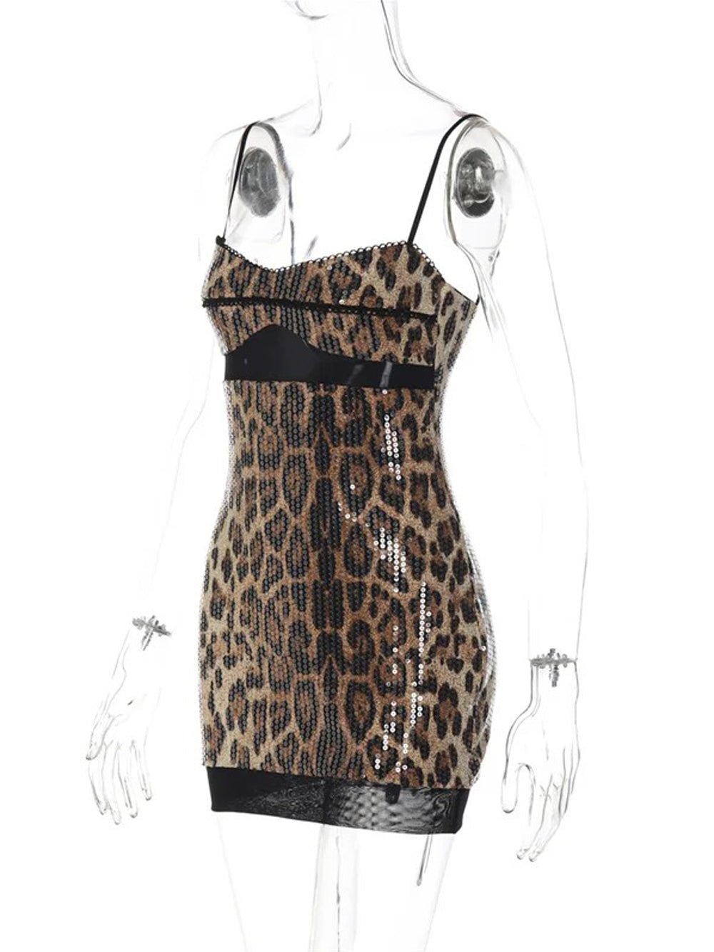 Brown Sequin Bustier Spaghetti Strap Mesh Waist Bodycon Mini Dress