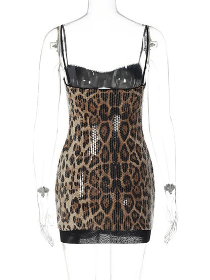Brown Sequin Bustier Spaghetti Strap Mesh Waist Bodycon Mini Dress