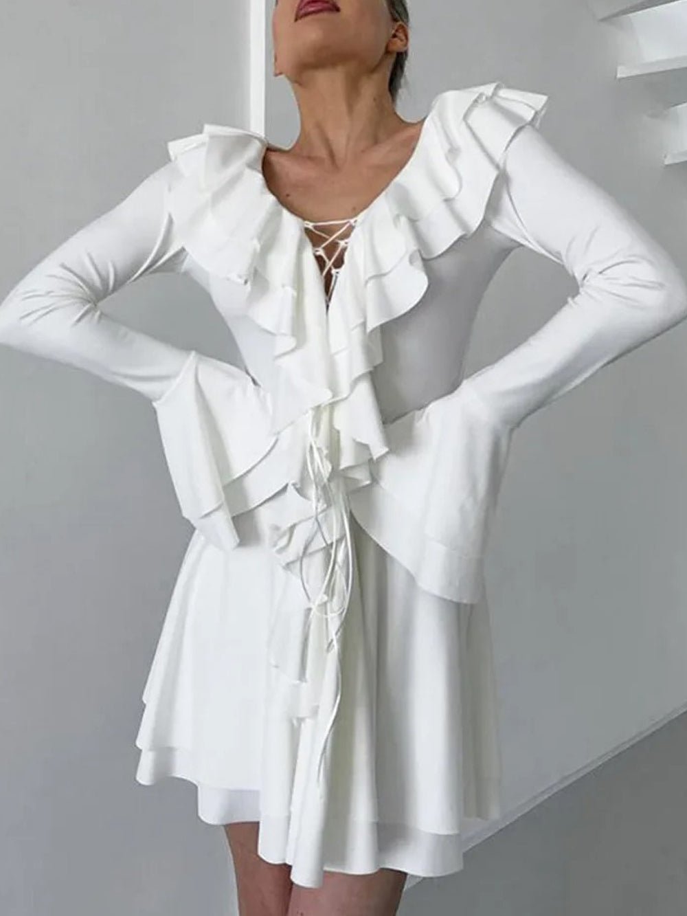 Long Sleeve Lace Up Ruffle Deep V-Neck Mini Dress