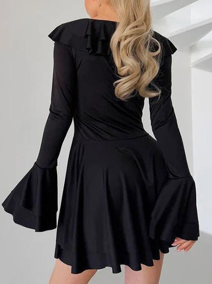 Long Sleeve Lace Up Ruffle Deep V-Neck Mini Dress