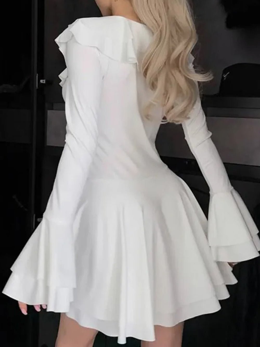 Long Sleeve Lace Up Ruffle Deep V-Neck Mini Dress