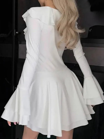 Long Sleeve Lace Up Ruffle Deep V-Neck Mini Dress