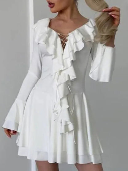 Long Sleeve Lace Up Ruffle Deep V-Neck Mini Dress
