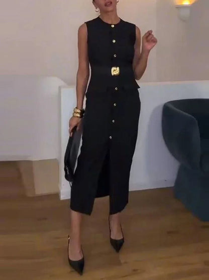 Sleeveless Button Front Belt Buckle Flap Pocket Midi Dress