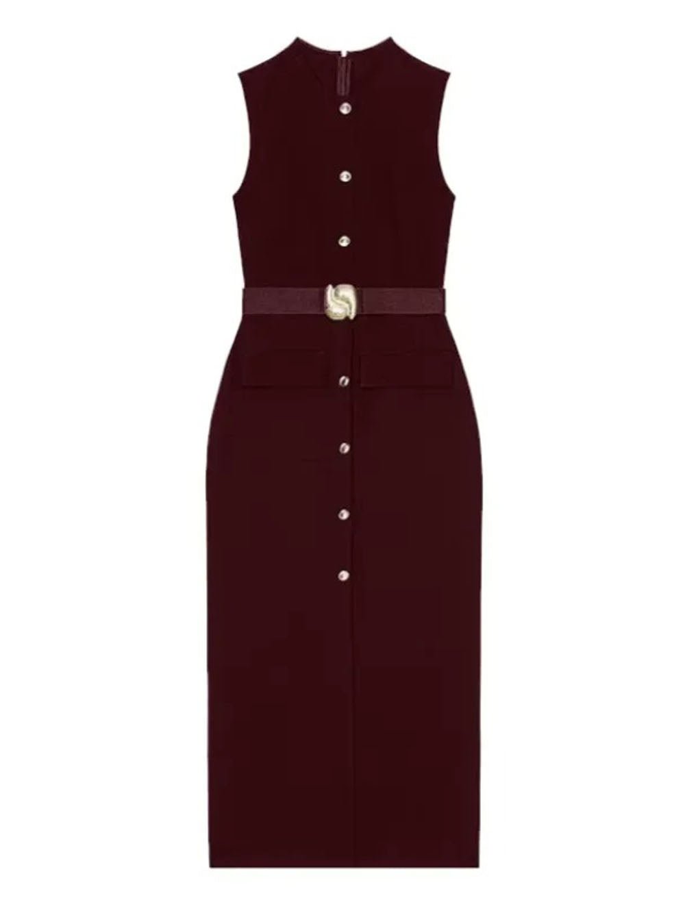 Sleeveless Button Front Belt Buckle Flap Pocket Midi Dress